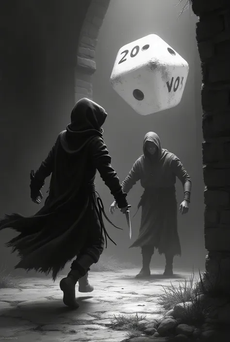  I want a black and white image of a 
Halfing rogue that crosses the throat of an enemy after appearing from the shadows, with a die of 20 in the background and the translucent background .