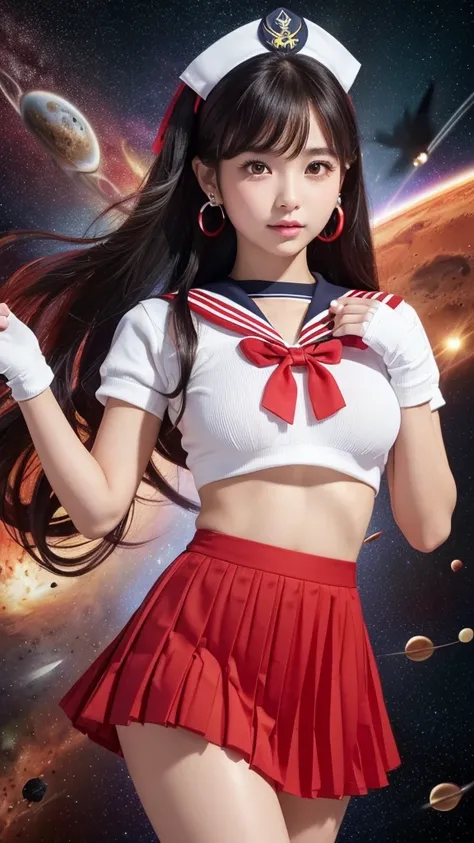 Product quality,  1 girl,  cowboy shot of a man,(Thigh Emphasis:1.4),(  young and beautiful Japanese women ,  perfect anatomy),Cosplayer,(  Sailor Warrior Uniform),((space background,universe,Mars, inflammation,赤いinflammation:1.4)), Positive Little Smile  ...