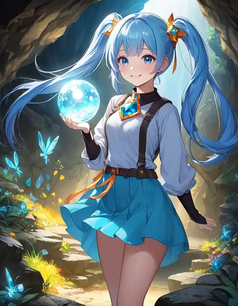  long light blue hair 、 A girl with a twin-tail hairstyle is exploring an underground cave that takes her breath away. Small breasts、Exploration clothes 、 headlights on her head 、 found a shining treasure in a cave 、smile、She is huge, Shining Jewel,  its b...