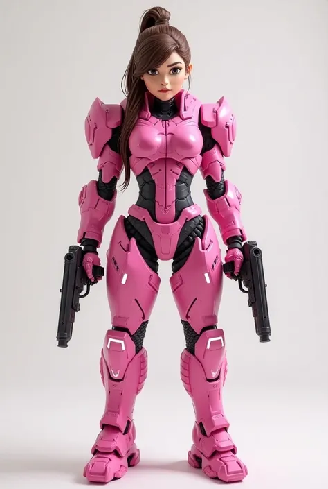 A full body image of a middle-aged woman with long brown hair tied up, an hourglass figure, small breasts, A suit of high tech armor with a color scheme of pink, wields two swords and a pair of handguns at the waist holsters, funko pop design