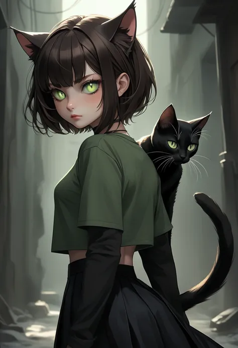 Kitty, a humanoid feline, had a simple humanoid face, with a coat with brown and dark brown spots with her black ears coming out of her head, green cat eyes with long eyelashes with her black feline tail coming out of her back, she wears simple clothes and...