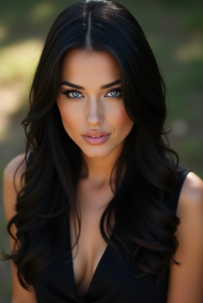 Create a super realistic image, full body, of a woman with long hair ,  smooth and black and penetrating blue eyes .  She has a symmetrical face with well-defined features , including high cheekbones,  full lips and slightly arched eyebrows .  Her skin is ...