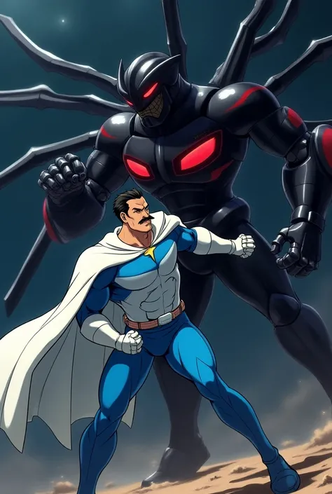 Action pack anime fight scene between two characters. Character 1: (Middle-aged man with short black hair, in white cape, handle bar mustache, wearing skin tight white and blue original superhero suit, white gloves and white boots). Character 2: (Evil robo...