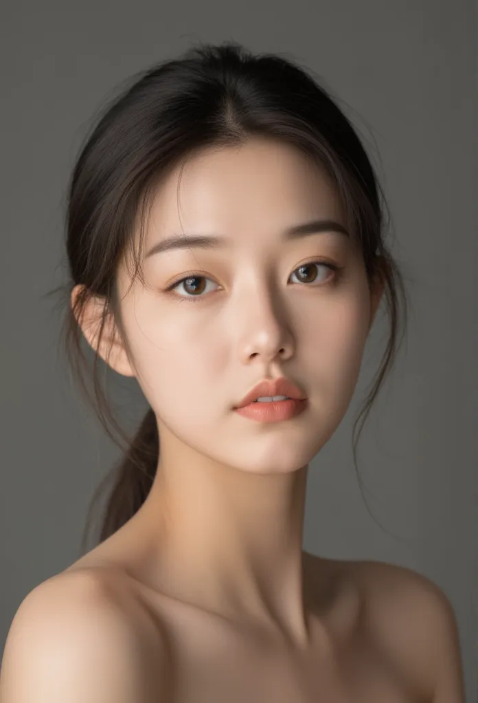 Stylist young woman, slander legs, young Korean actress face, long legs, Detailed face , Beautiful eyes,   Beautiful Lips, Cinematic lighting, Photorealistic  , 8k, very detailed, realistic, Detailed, nude body, feet, model pose, bad room,