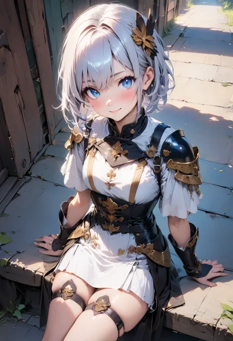 (masterpiece),(best quality),(ultra-detailed),(best illustration),(best shadow),(absurdres),(detailed background), 1girl, blue-eyes, solo, white-armor, short-hair, hair-ornament, sandals, ((white-hair)), simple-background, white-dress, belt, white-shoulder...