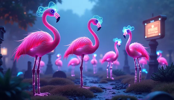 A vibrant cyberpunk scene featuring neon-lit flamingos with glowing pink and purple feathers standing majestically in a futuristic graveyard. The background is filled with fog and eerily illuminated tombstones, while digital screens flash in the distance. ...