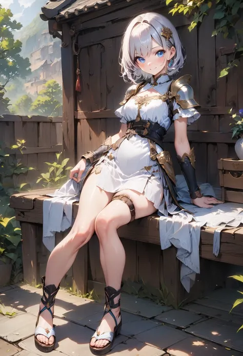 (masterpiece),(best quality),(ultra-detailed),(best illustration),(best shadow),(absurdres),(detailed background), 1girl, blue-eyes, solo, white-armor, short-hair, hair-ornament, sandals, ((white-hair)), simple-background, white-dress, belt, white-shoulder...