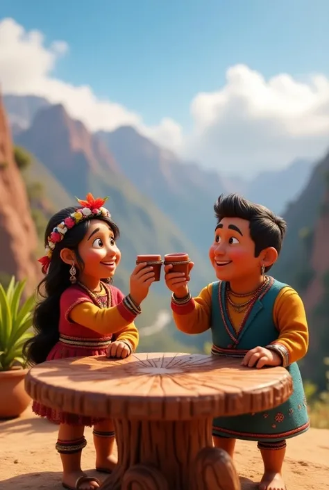 Two high Andean people from Cusco toasting with small cups on an animated wooden table