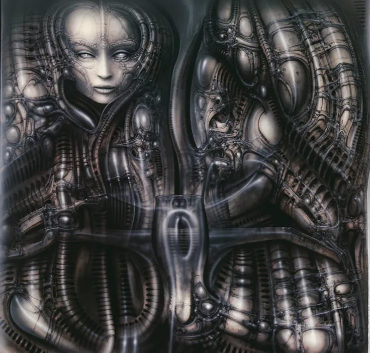 hrggr, h.r. giger, the image is a detailed 3d rendering of an alien creature, with intricate mechanical parts and a muscular hum...