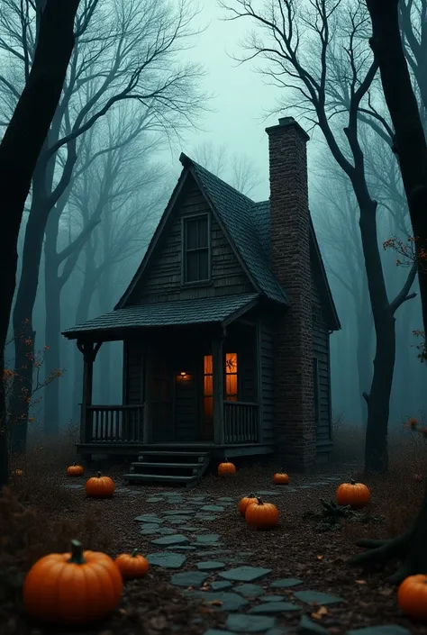 Small rustic wooden house ,  with macabre chimney in the forest, clima halloween, pumpkins on the floor,  dry trees and others with leaves