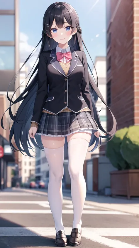 1girl, solo, tsukino mito, long hair, virtual youtuber, skirt, thighhighs, black hair, jacket, bow, blazer, black jacket, hairclip, hair ornament, white thighhighs, bangs, braid, pleated skirt, pink bow, school uniform, bowtie, very long hair, long sleeves...