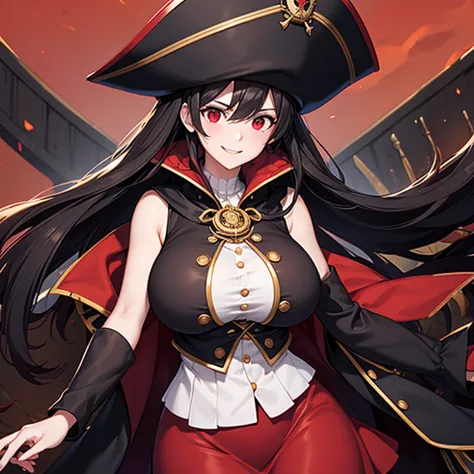 a woman wearing a white sleeveless shirt, black coat with red details, short red skirt, black hair, red eyes, pirate commander's...