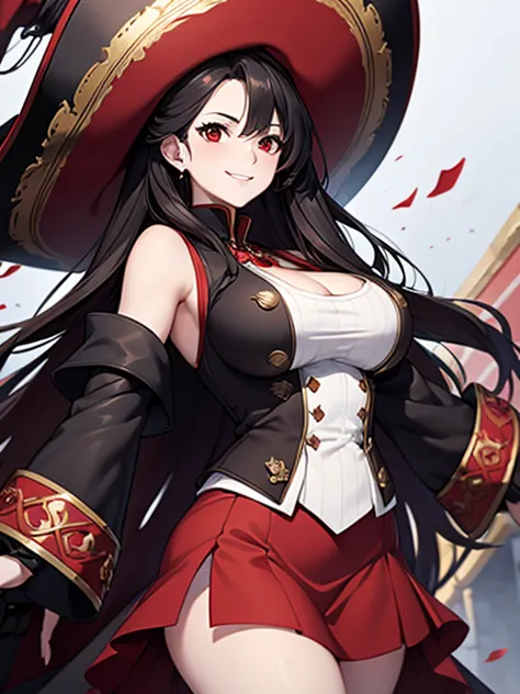 a woman wearing a white sleeveless shirt, black coat with red details, short red skirt, black hair, red eyes, pirate commander's...