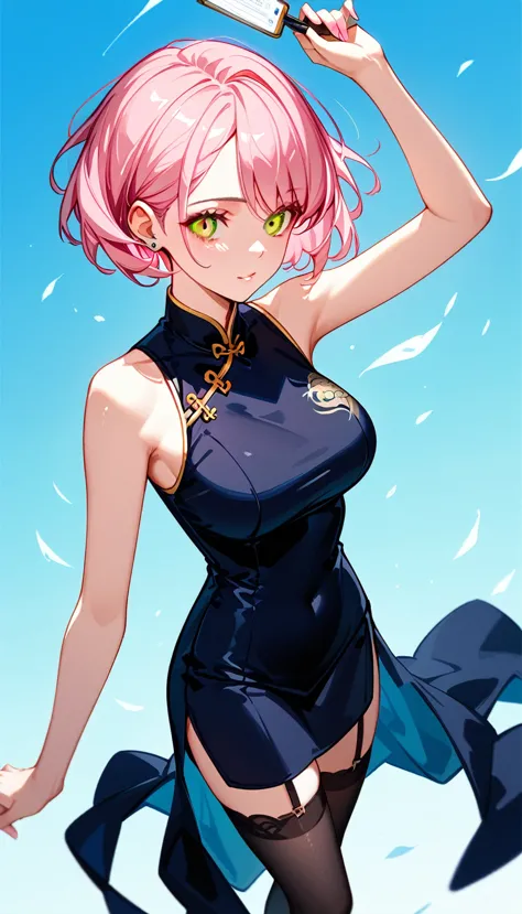 high image quality 、high quality、 one girl playing pranks、 pink hair、 short haired 、 golden eyes、large breasts、 cleavage、 simple...