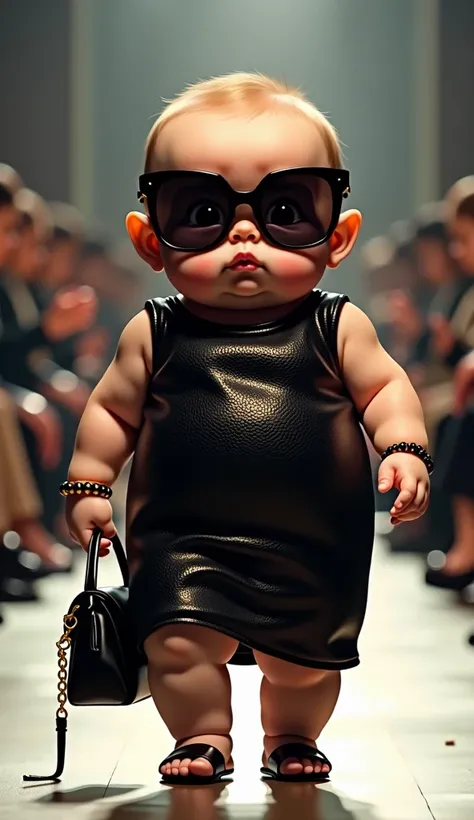  Realistic photo of A plump and stylized baby , Round face makes you fat ,  round fat arm ,  round and thick leg, big belly ,  with serious expression and confident posture , parading on a catwalk.  He is wearing a sleek black high-fashion dress , that end...