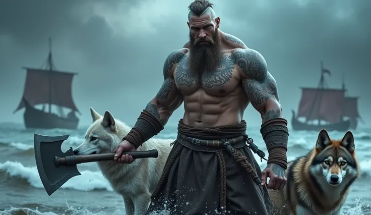  Heres an epic prompt for this image of a Viking in a dramatic battle scene :

>  An incredibly strong and muscular Viking ,  similar to Ragnar Lothbrok ,  with the distinctive Mohican hairstyle and intricate Nordic tattoos covering his arms ,  torso and n...