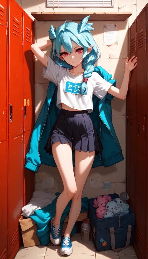 , rpg, mucus,  Smooth leather ,  erotic pose, cutout,  High School of the Dead  , 4K, girl in the box,  pressed against the wall, in the school locker , standing