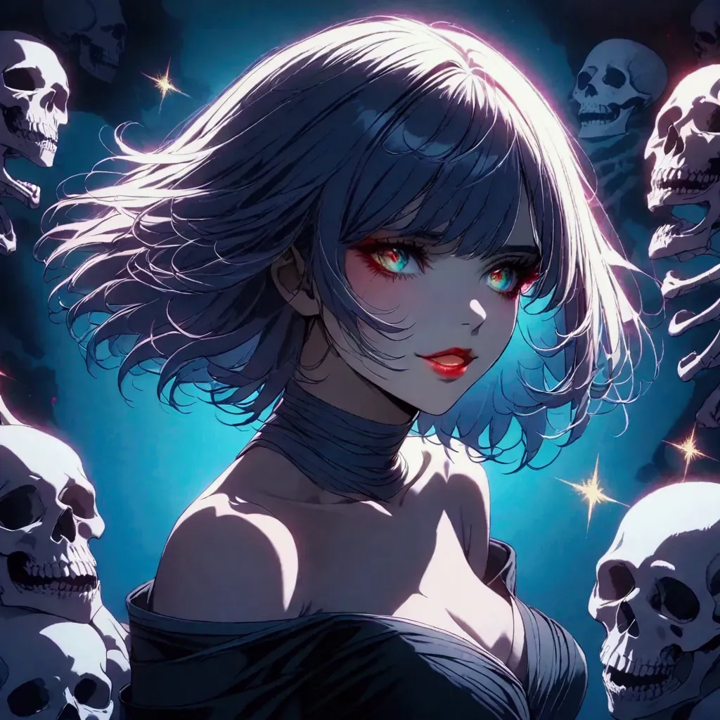 lilith sitting on a throne of skulls and bones, with short hair and black dress