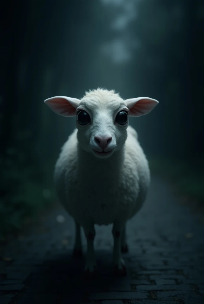 Create a sheep with big eyes ,  with the pupils completely dilated and the sclera should only be seen with a slightly thin white line surrounding the large, black pupils,  the sheep has to be white and seen from above with an inclination of 40 degrees and ...