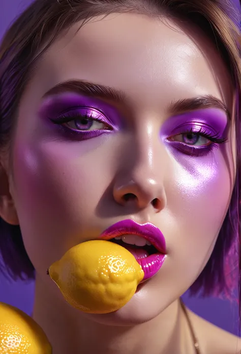 pop art piece featuring an individual with voluminous metallized features savoring lemon juice, lips appear exaggeratedly juicy,...