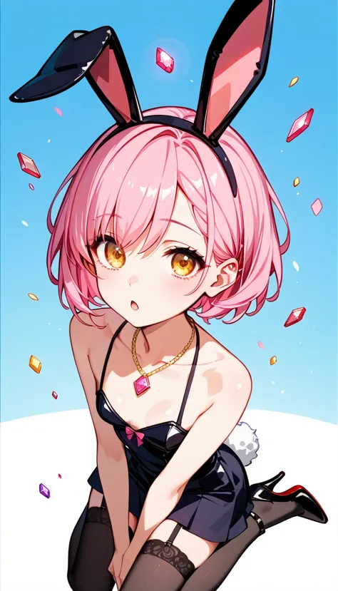 high image quality 、high quality、 one girl playing pranks、 pink hair、 short haired 、 golden eyes、small breasts、 cleavage、 simple...