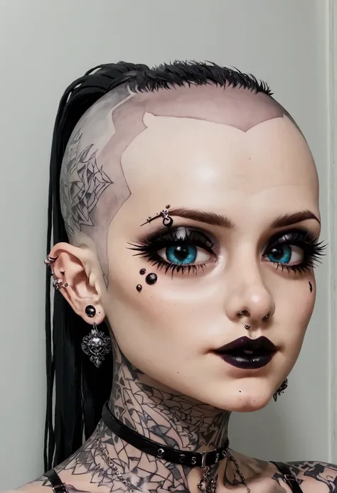 1 young and beautiful goth girl girl, pale skin, goth tattoos, ((shaved hair + fringe + ponytail)), ((piercings)),