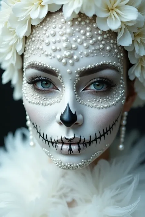  Mexican catrina makeup in white with pearl and white feather applications on the face, very beautiful,  may be heavenly , All in white ,  something quite high in design , Let it be very creative , with graphic but Mexican things .

 That have strong and a...