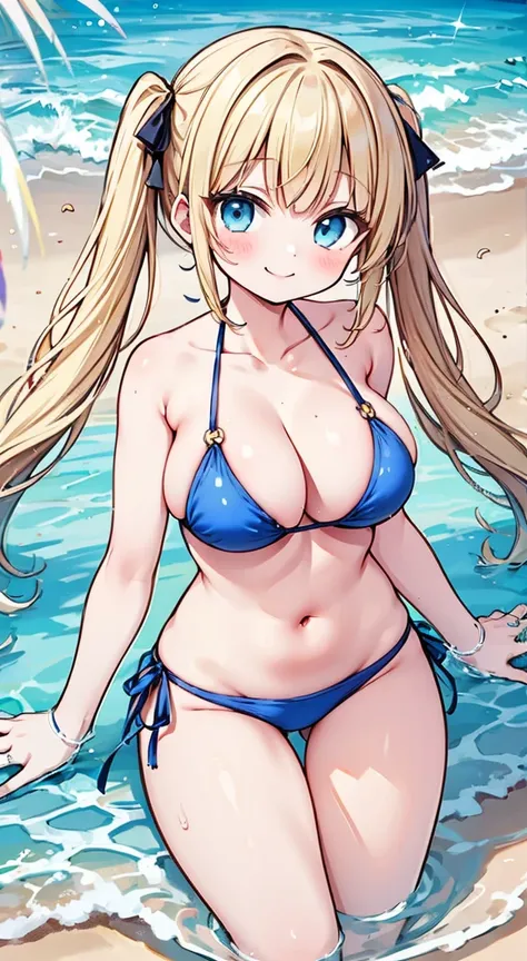 Float 1.1,Highest quality,flower Bikini Girls,sidetie bikinibottom,Twin tails,Large Breasts,Beach,smile,Blonde hair and blue eyes,glamorous,float ring,