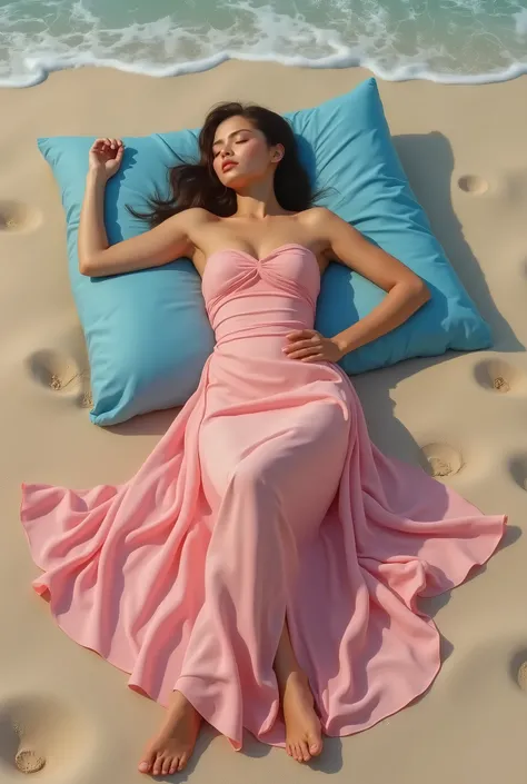 Une image réaliste caractérisée par la précision des détails, dune belle femme vêtue dune robe rose sexy, lying and sleeping soundly on a blue pillow on the sea sand, elle est pieds nus, une peinture réaliste inspirée dElsa Bleda, Tumblr au lit, un toujour...