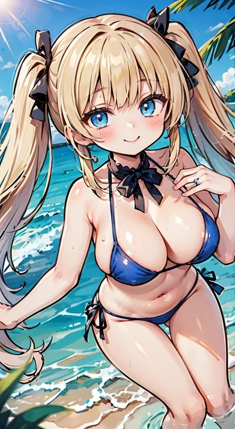 Float 1.1,Highest quality,flower Bikini Girls,sidetie bikinibottom,Twin tails,Large Breasts,Beach,smile,Blonde hair and blue eyes,glamorous,float ring,