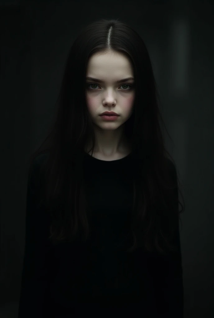 A young girl with long dark hair, pale skin, and a black dress, Wednesday Addams, (1girl, dark brown hair, pale skin, black dress, serious expression, (best quality,4k,8k,highres,masterpiece:1.2),ultra-detailed,(realistic,photorealistic,photo-realistic:1.3...