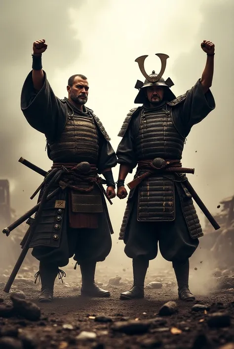 A ronin and a samurai raising their hands victoriously after a great battle