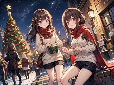 8k image; masterpiece; best quality; dynamic angle; harem; at night, christmas, young girls, 15 jahre alt, around a christmas tr...