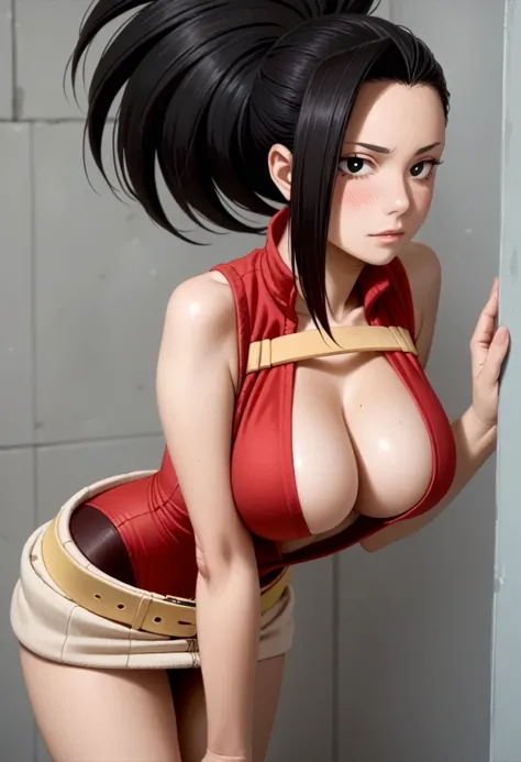 momo yaoyorozu, blush, cute face, innocent expression, looking at viewer, large breasts, red leotard, plunging neckline, large b...