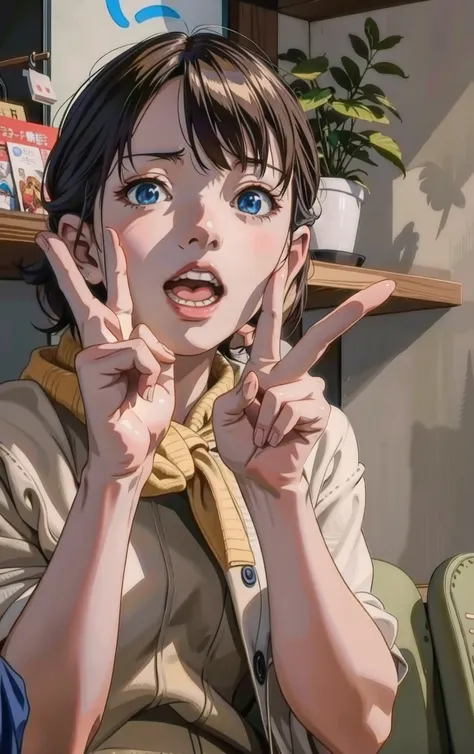 An anime girl making a peace sign with both hands, With index finger,   cute realistic portrait  , artwork in the style of Gwaiz,  realistic anime 3d style ,  Detailed Digital Anime Art , smooth anime cg art, Gwaiz,  Makoto Shinkai and Art Garm , Anime atm...