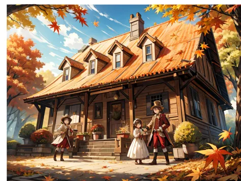 8k image; masterpiece; best quality; dynamic angle; autumn, 18th century, sepia, family in front of they're house, colorfull fal...