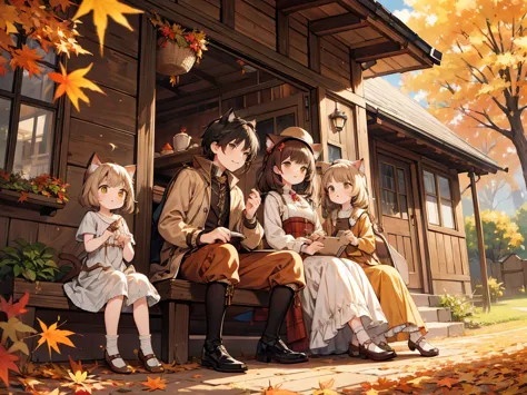 8k image; masterpiece; best quality; dynamic angle; autumn, 18th century, sepia, family of cat people in front of they're house,...