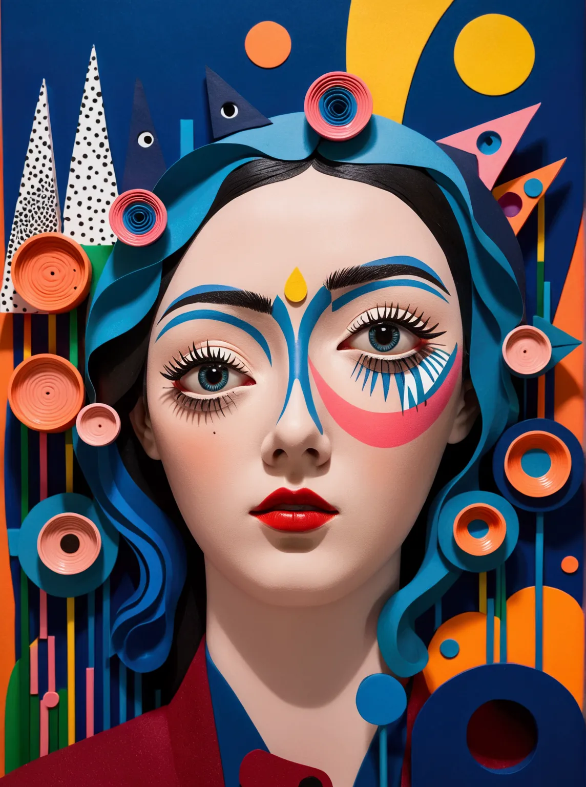 A surreal composition of various abstract shapes and patterns, with elements like eyes, lips, geometric forms, and neon colors, in the style of neo-pop art. The background is an array of colorful paper cutouts and 3D objects, creating a dynamic visual experience. In front, there's a large central sculpture made from plasticine, adding to its playful yet artistic vibe. This piece blends vibrant coloration with a touch of modern pop culture aesthetics