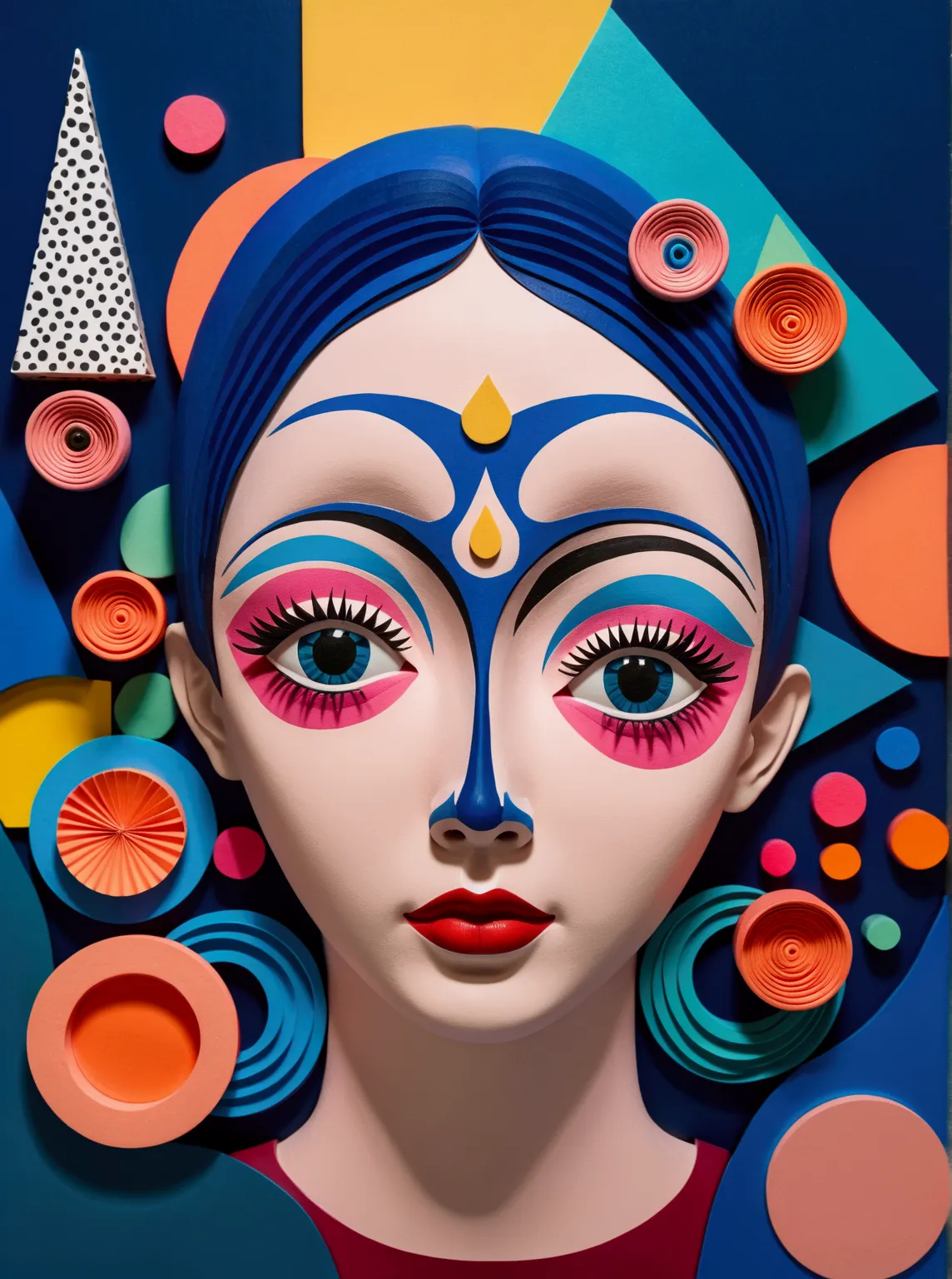 A surreal composition of various abstract shapes and patterns, with elements like eyes, lips, geometric forms, and neon colors, in the style of neo-pop art. The background is an array of colorful paper cutouts and 3D objects, creating a dynamic visual experience. In front, there's a large central sculpture made from plasticine, adding to its playful yet artistic vibe. This piece blends vibrant coloration with a touch of modern pop culture aesthetics