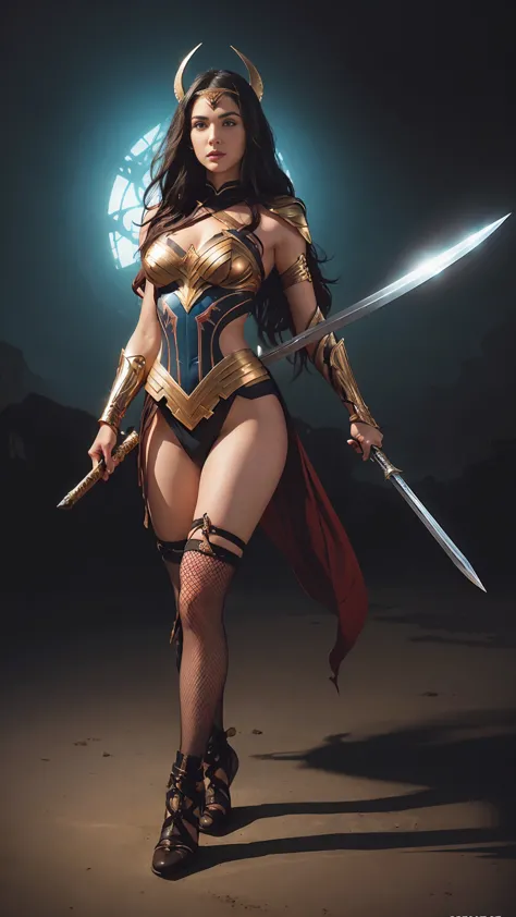 ((full body photo, standing, feet on the ground)) a woman dressed as a warrior holding a sword, gal gadot sexy painting, fishnet...