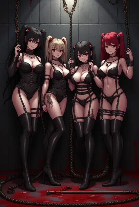  dark and bloody medieval European-style prison 、BDSM style prison 、 restraint for hanging from the ceiling 、 whips and handcuffs on the wall 、Evil female executive、SM Queen、 is a twin tail hairstyle、 Shortcut 、Long Hair Randomly 、Red eyes、military uniform...