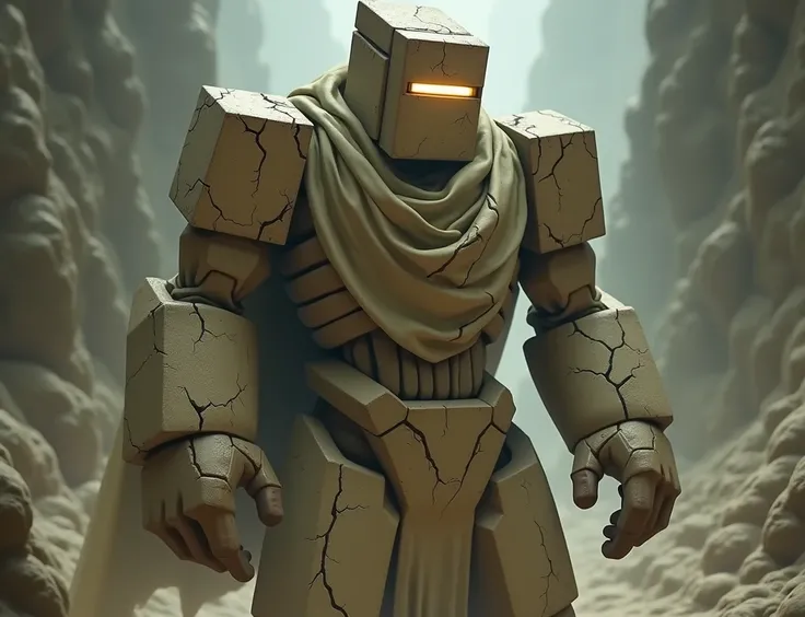  sandstone golem with several cracks, with geometric body , Hiding the body with a cloak of old fabric. Your face is straight and has only a shiny rectangle .