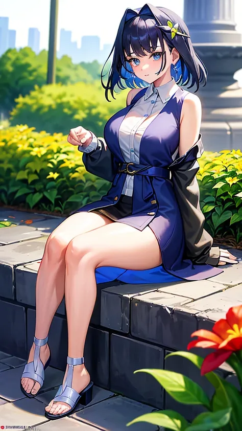 Outfit: random color dress that shows off her side boob, with a random color cardigan on top. Strappy sandals on her feet.
Location: There is a flower bed around the fountain, with colorful flowers blooming. She sits on a bench and waits while looking at t...