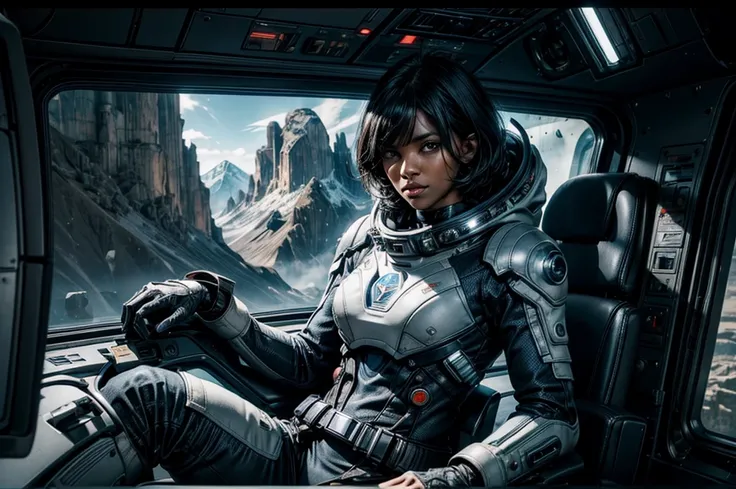 MariaCalavera, dark skin, black hair, short hair, silver eyes, space suit, belts, hood, cowboy shot, (dynamic pose), sitting with colleague in a spaceship, other crew, large window overlooking planet, in front of large view screens, flying across alien pla...