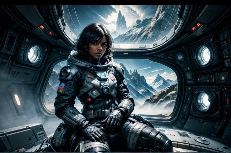 MariaCalavera, dark skin, black hair, short hair, silver eyes, space suit, belts, hood, cowboy shot, (dynamic pose), sitting with colleague in a spaceship, other crew, large window overlooking planet, in front of large view screens, flying across alien pla...