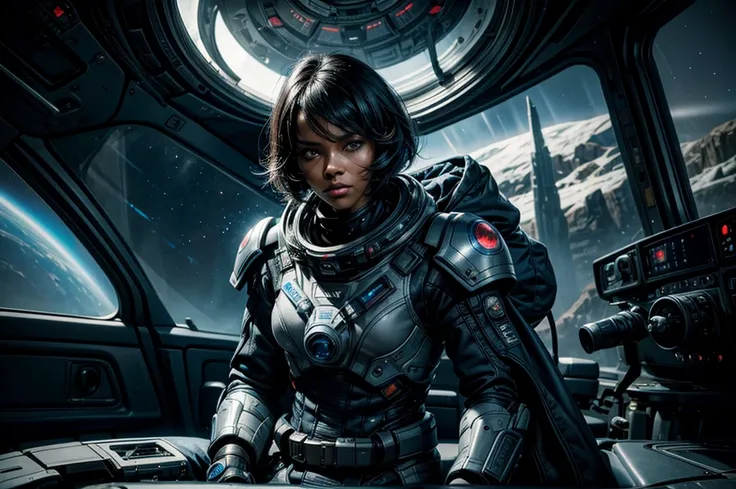 MariaCalavera, dark skin, black hair, short hair, silver eyes, space suit, belts, hood, cowboy shot, (dynamic pose), sitting with colleague in a big spaceship, other crew, large window overlooking planet, in front of large view screens, flying across alien...