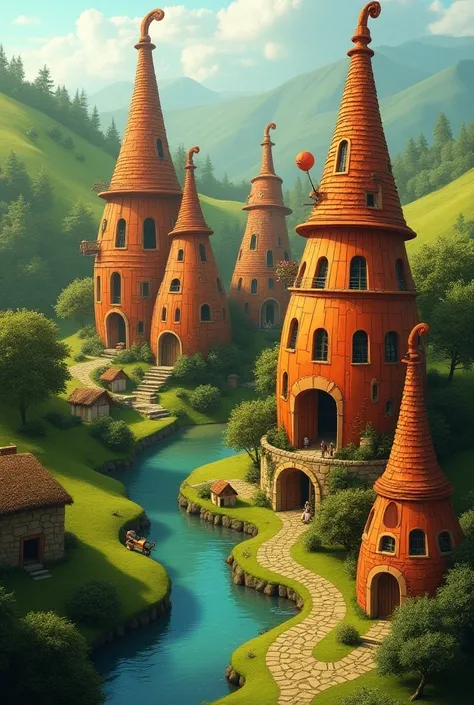 a village made with giant buildings looks like cellos and violins