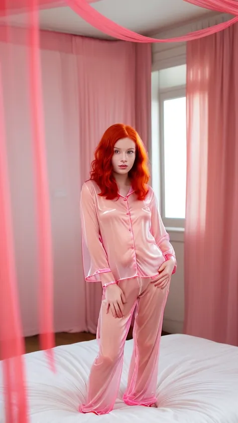 there is a woman in transparent pink pajamas ., redhead girl, beautiful redhead woman, redhead woman, young redhead girl, short ...