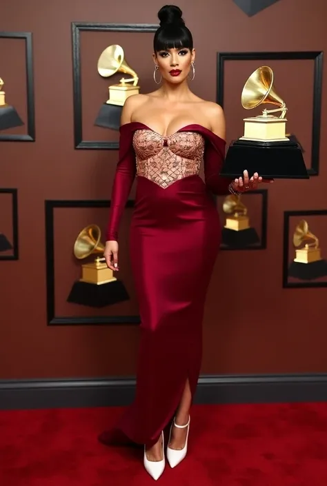 Dualipa on the red carpet at the Grammys and in the background the wall at the Grammys 2025 
wearing a tight silk wine red dress and a palm shell corset and her black hair with an elegant updo and carrying a large Grammy and high heels white leather 