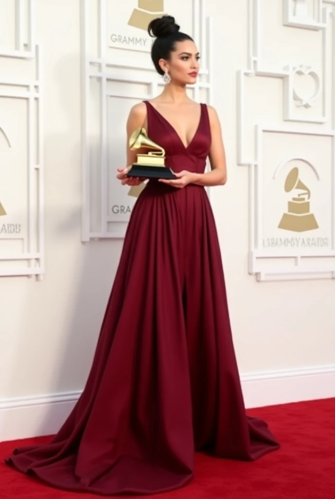 Dualipa on the red carpet at the Grammys and in the background the wall at the Grammys 2025 
wearing a thick flowing silk wine red dress and a corset and her black hair with an elegant updo and carrying a large Grammy and high heels white leather 